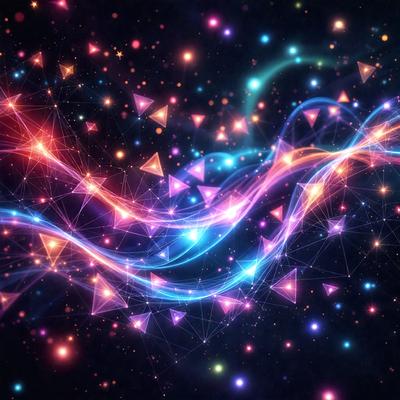 The primary subject of the image is a vibrant and colorful display of lights, likely a digital art or illustration. The setting is a dark background, which contrasts with the bright and lively colors of the lights. The visual style is a mix of patterns and textures, creating a dynamic and engaging atmosphere. The dominant colors are blue, pink, and orange, which contribute to the overall mood of the image, which is energetic and lively.